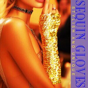 Women's B-Yellow Fashion Sequin Glitter Long Arm Sleeves Gloves Fingerless